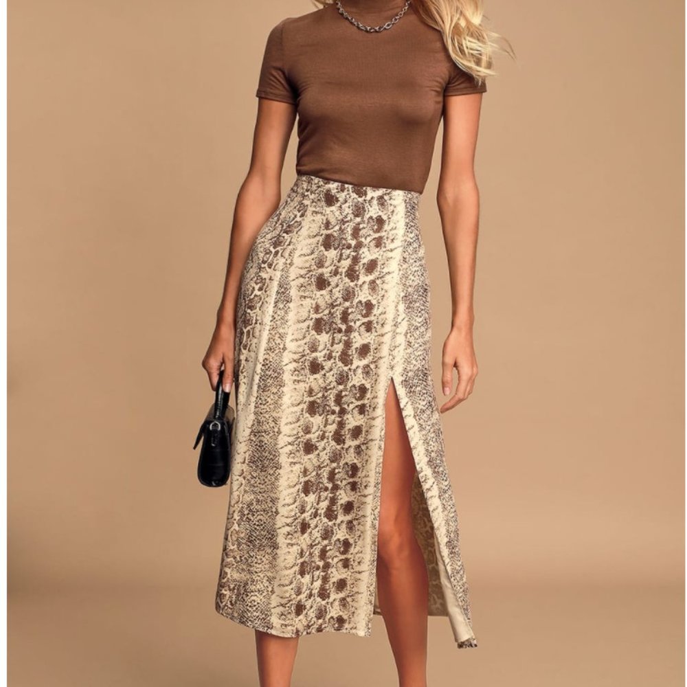 Brown Multi Snake Print Midi Skirt